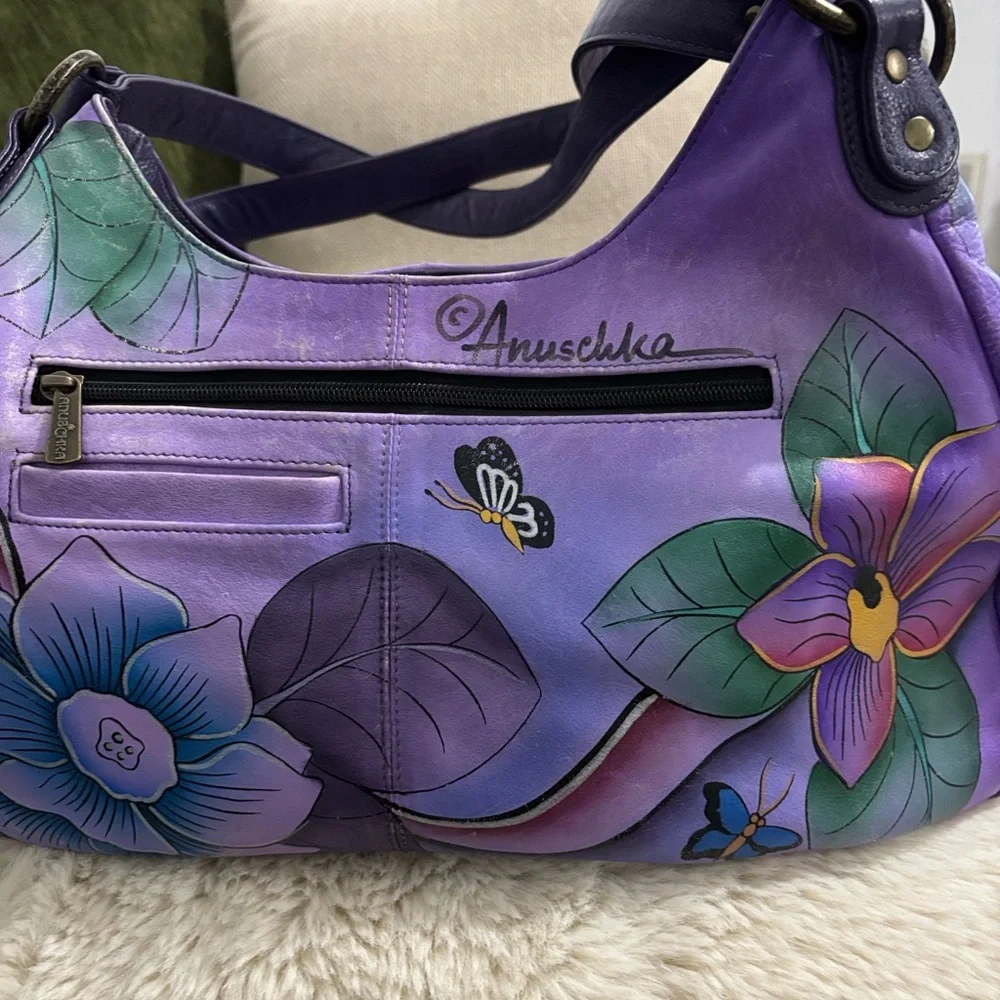 ANUSCHIKA India Purple Leather Floral‎ Triple Compartment Large Satchel Bag